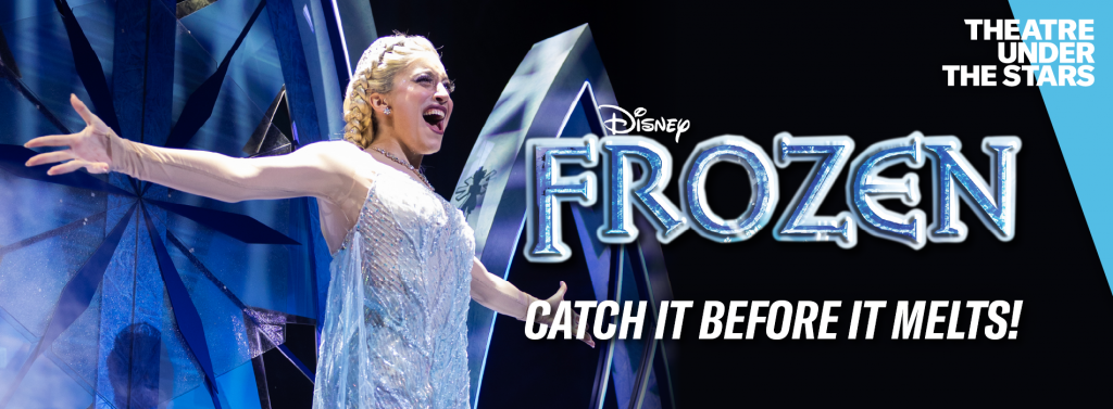 A performer dressed as Elsa from Disney's Frozen stands on stage with her arms outstretched, wearing a shimmering blue gown and gloves, against an icy blue and silver backdrop. The bold text reads “Disney Frozen” with the tagline “Catch It Before It Melts!” in white. The Theatre Under The Stars logo is in the top right corner